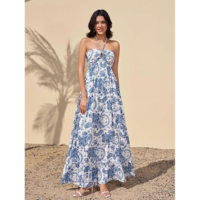 Damen Maxikleid im zeitlosen Paisleymuster mit schulterfreiem Design und voluminösem Saum R&B