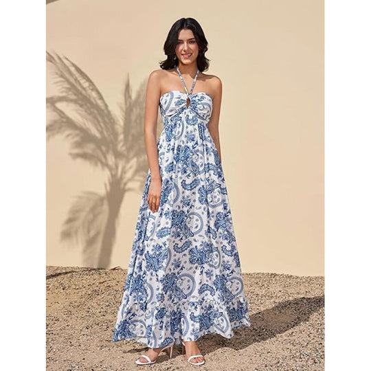 Damen Maxikleid im zeitlosen Paisleymuster mit schulterfreiem Design und voluminösem Saum R&B