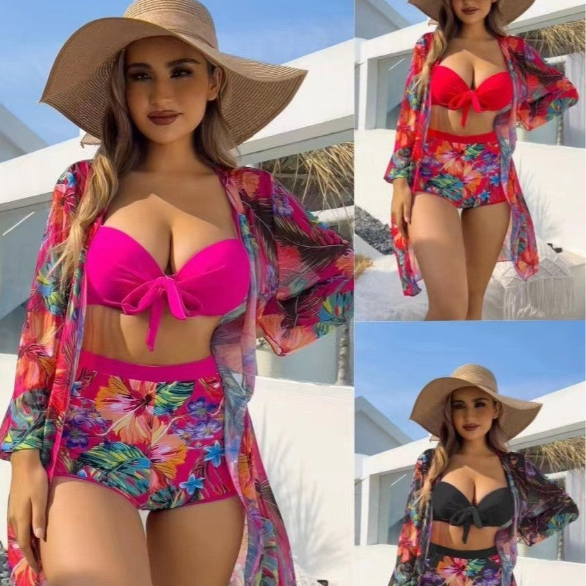 Damen Hochtailliertes Bikini-Set mit floralem Design und Bändchen R&B