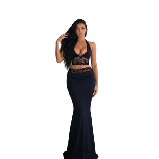 Damen Elegantes Spitzen-Crop-Top mit hochgeschnittenem Maxiröckchen R&B