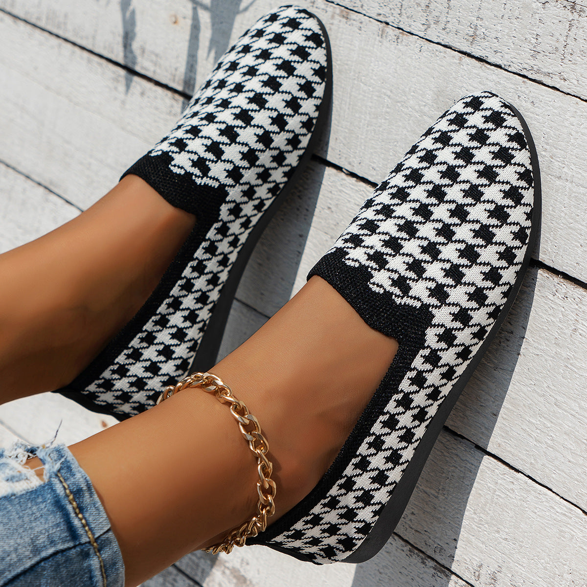 Damen Komfortable Slip-On Mokassins mit trendigem Hahnentrittmuster R&B