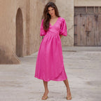 Damen Lässiges Leinenkleid mit Ballonärmeln und Tailliertem Gürtel R&B