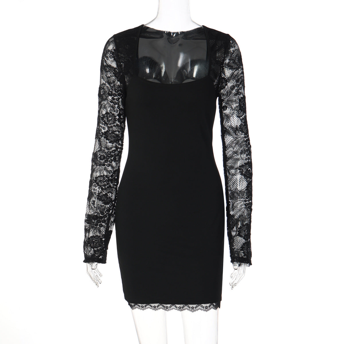 Damen Elegantes Kleid mit Spitzenärmeln und transparentem Dekolleté R&B