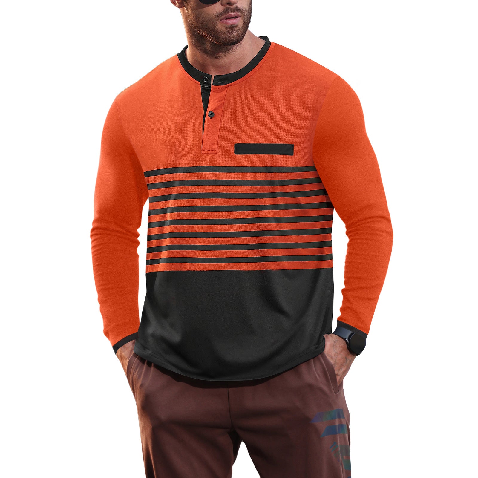 Herren nan modernes Langarm-Polo mit Henley-Blende gestreifter Brustpartie und Stehkragen R&B