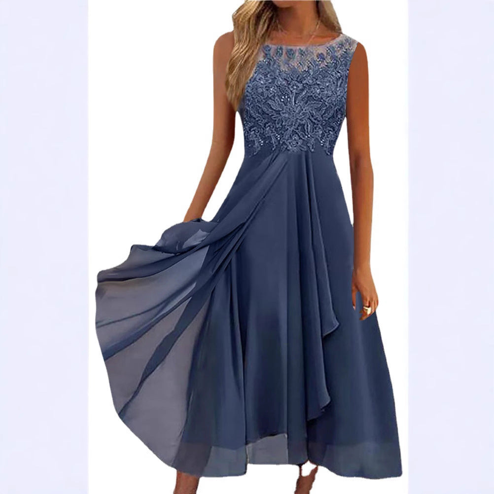 Damen nan ärmelloses Chiffon-Midikleid mit bestickter Illusionsspitze, Schiff-Ausschnitt und mehrlagigem Schwingrock R&B
