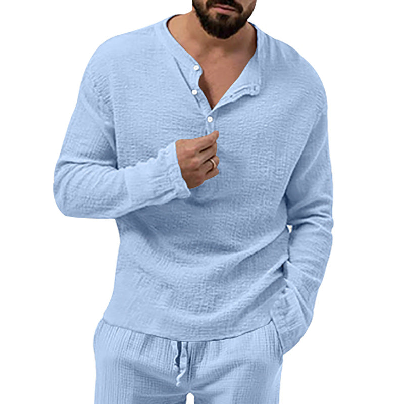 Herren nan entspanntes Henley-Set aus leichter Baumwoll-Gauze mit Kordelbundhose R&B