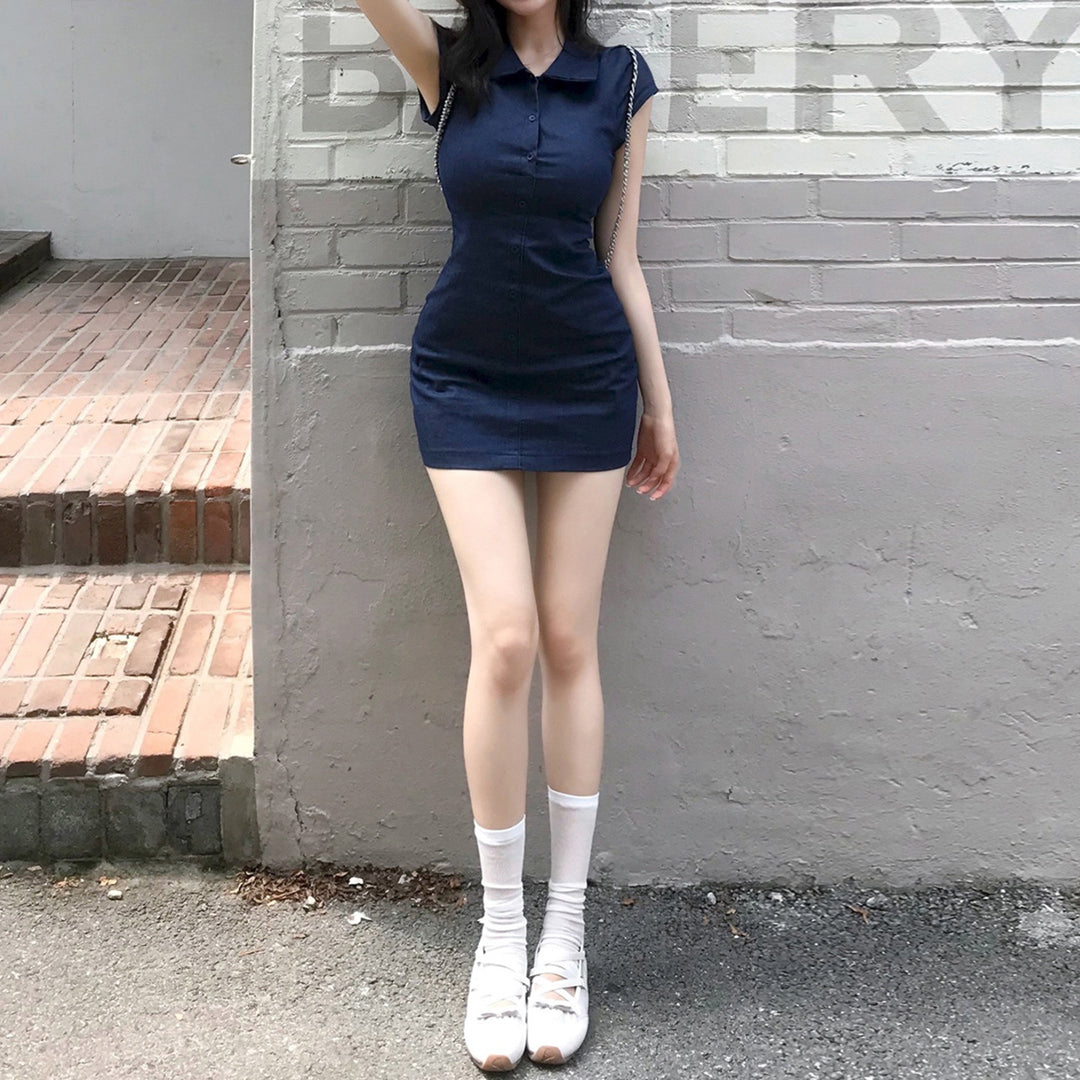 Damen Figurbetontes Hemdkleid mit kurzen Ärmeln und klassischem Kragen R&B