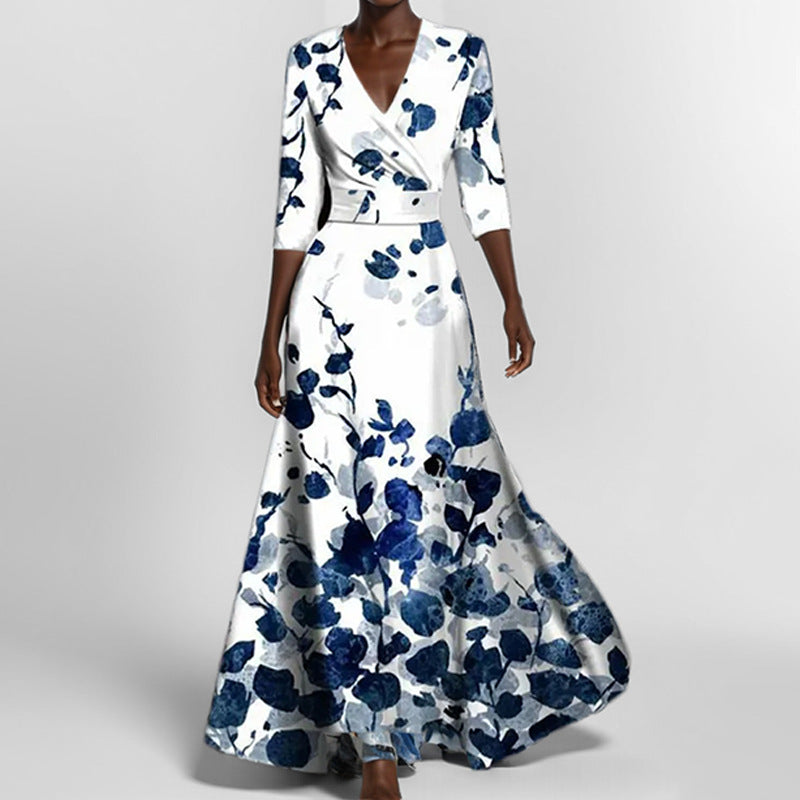 R&B | Elegantes V-Ausschnitt Bedrucktes Taillenkleid mit Schößchen