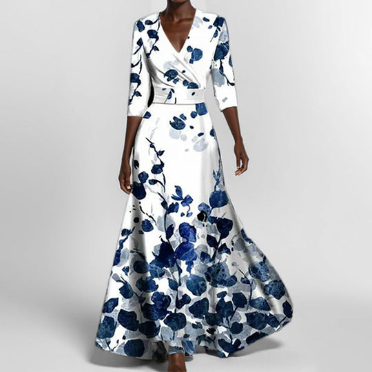 R&B | Elegantes V-Ausschnitt Bedrucktes Taillenkleid mit Schößchen