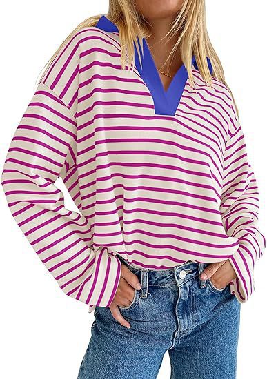 Damen Lässiges gestreiftes Sweatshirt mit V-Ausschnitt und langen Ärmeln R&B
