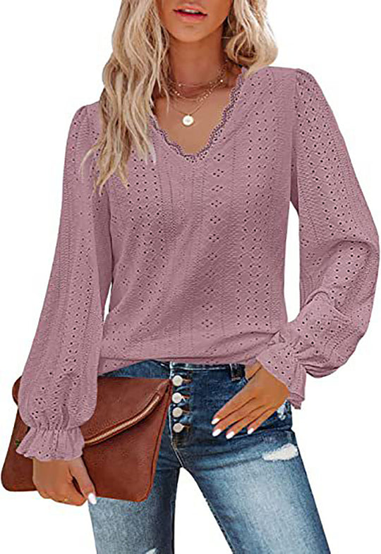 Damen lässige Bluse mit romantischem Spitzenmuster R&B
