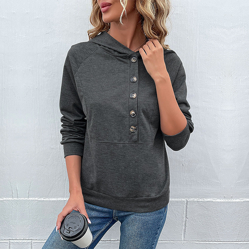 Damen lässiger Kapuzenpullover mit Knopfleiste und Raglanärmeln R&B