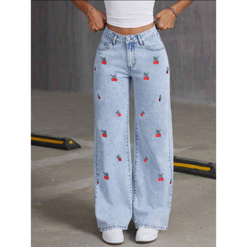 Damen Weit geschnittene Jeans im fruchtigem Stickdesign R&B
