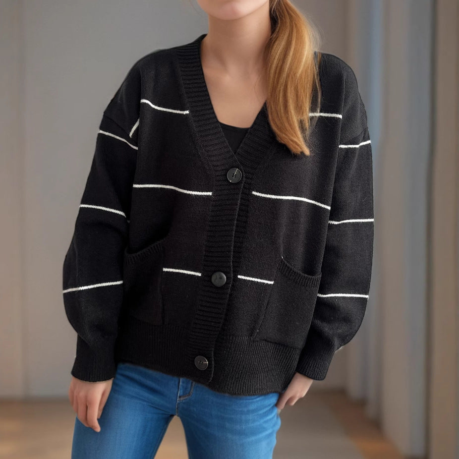 Damen lässige Strickjacke mit praktischen Taschen und modischen Kontraststreifen R&B