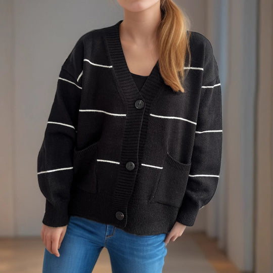 Damen lässige Strickjacke mit praktischen Taschen und modischen Kontraststreifen R&B