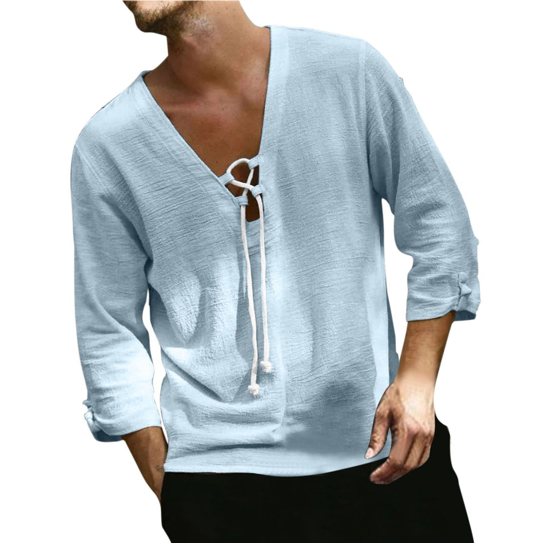 Herren lässige Leinenbluse mit V-Ausschnitt und Kordelzug R&B