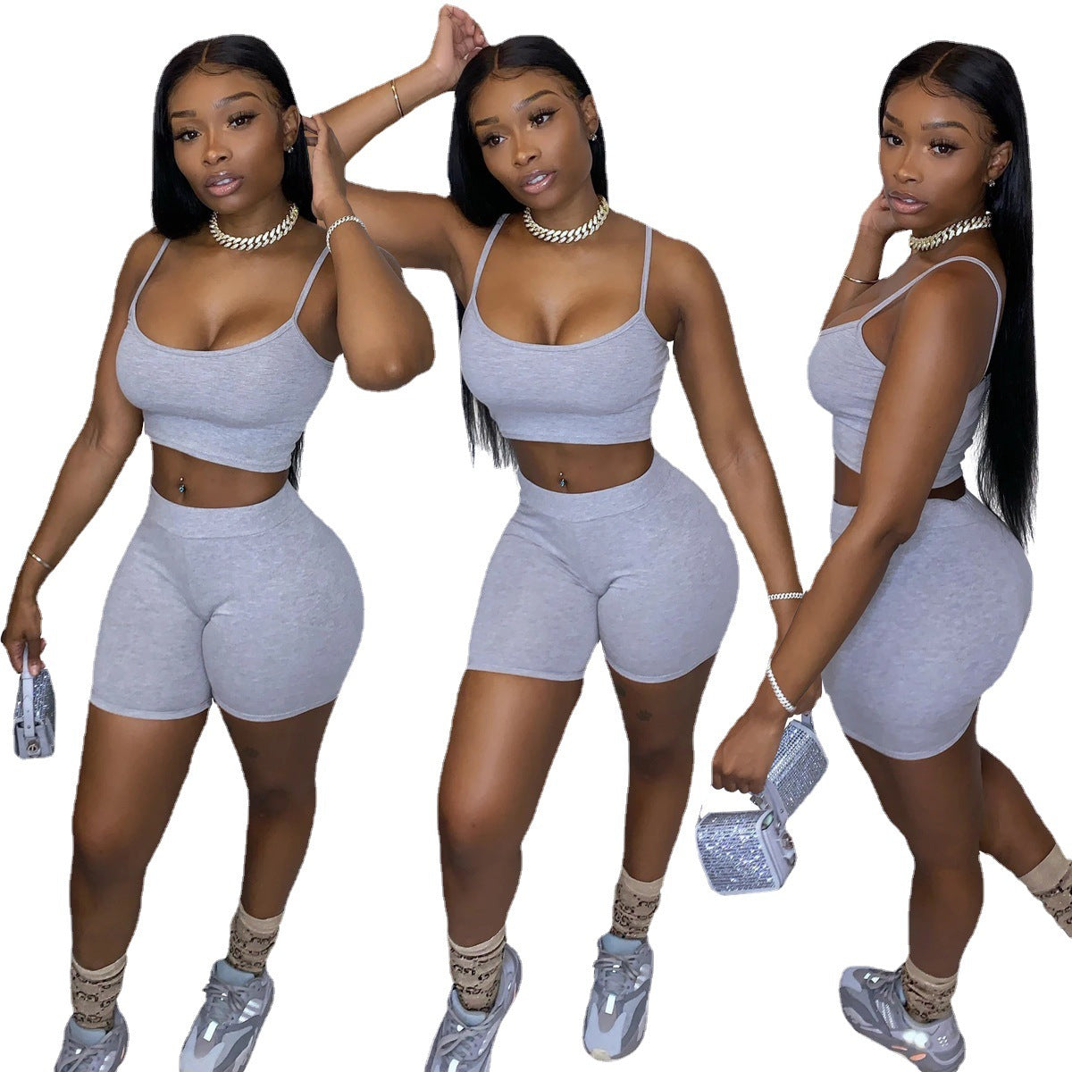 Damen Sportliches Set mit figurbetonendem Crop-Top und Shorts R&B