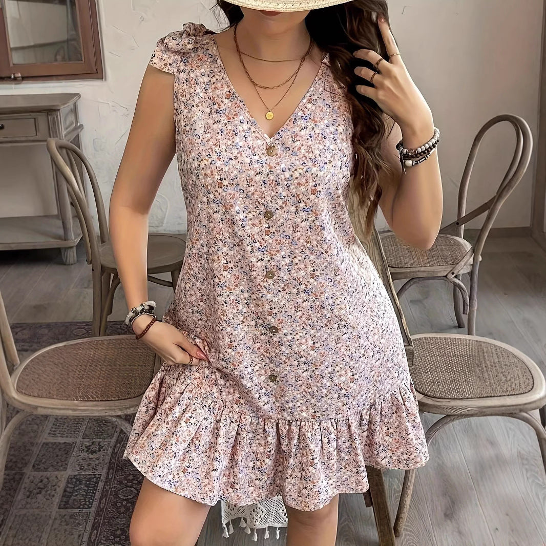 Damen kurzes Sommerkleid mit Rüschendetails und Knopfleiste R&B