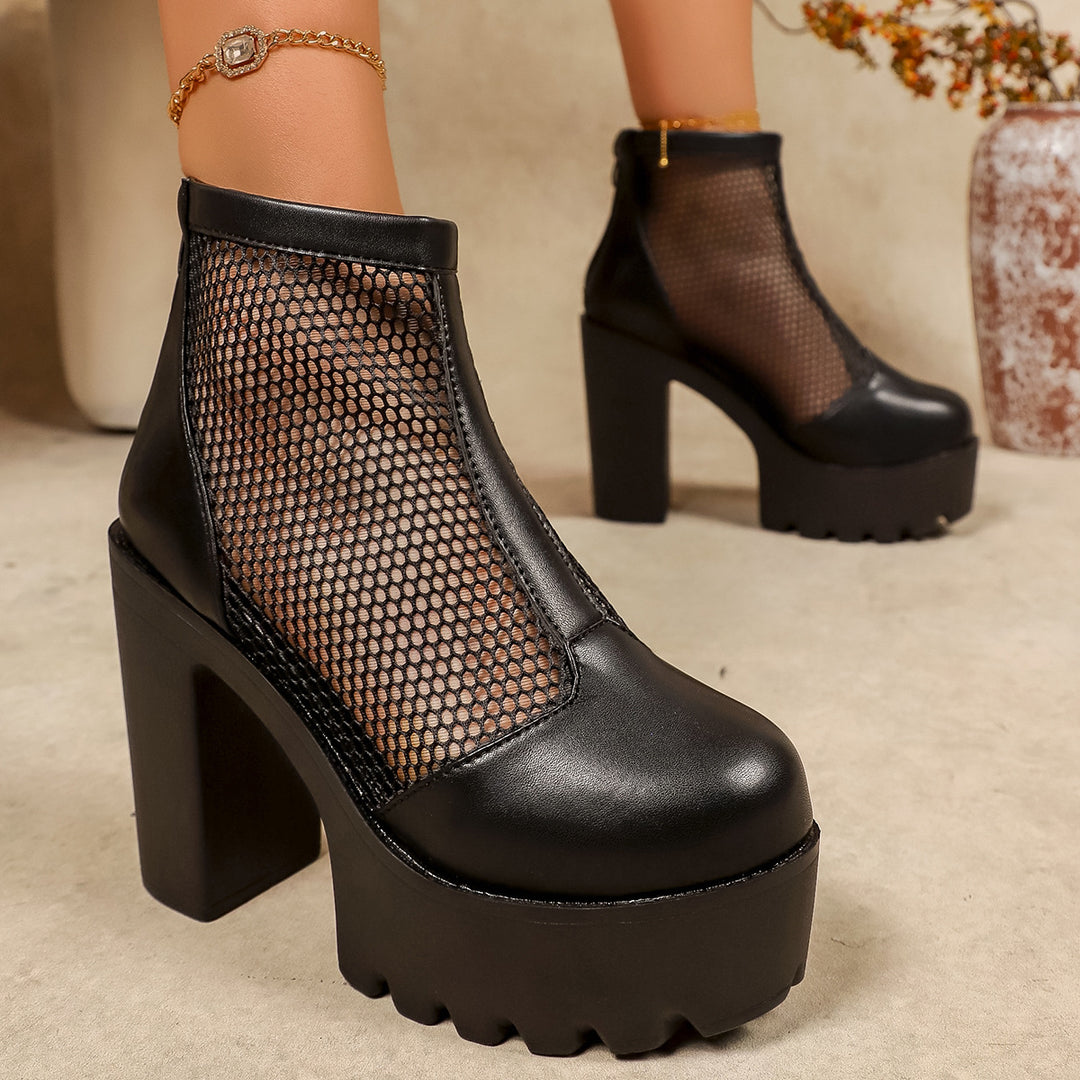 Damen Plateau Stiefeletten mit Netz-Ausschnitt und grobem Blockabsatz R&B