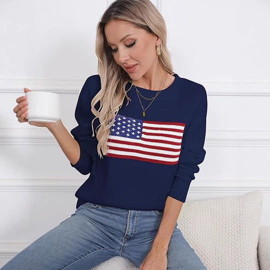 Damen Strickpullover mit Flaggenmotiv und lässigem Schnitt R&B