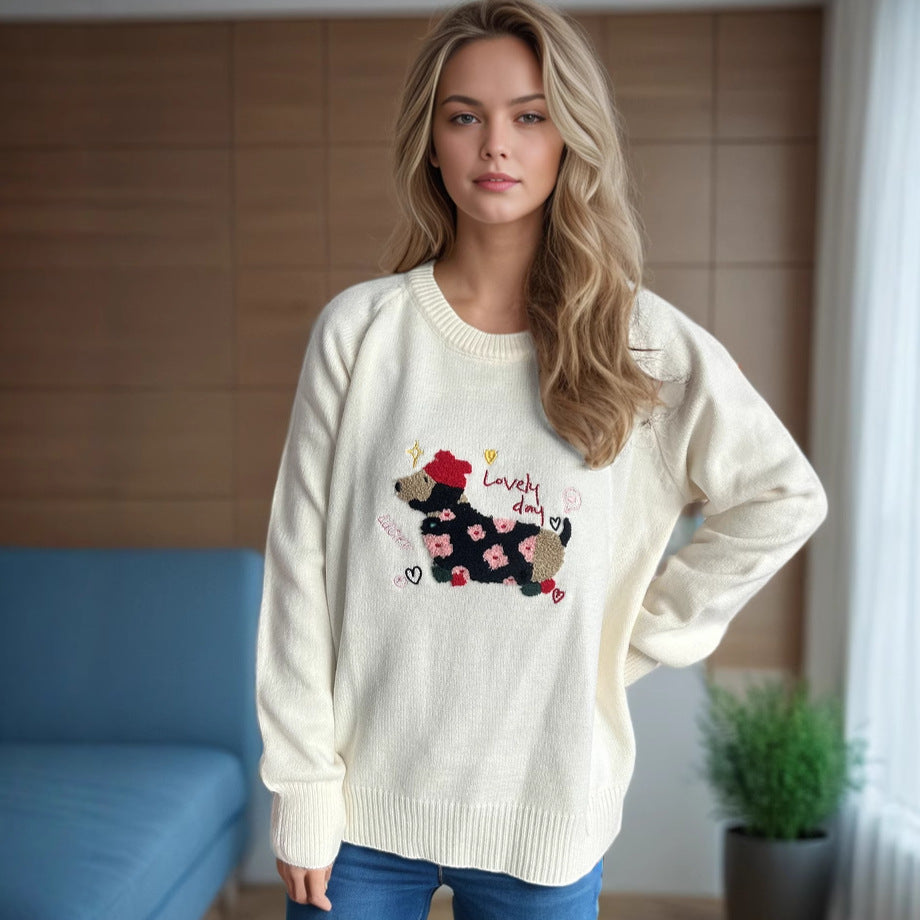 Damen Pullover mit tierischem Motiv und dekorativen Stickereien R&B