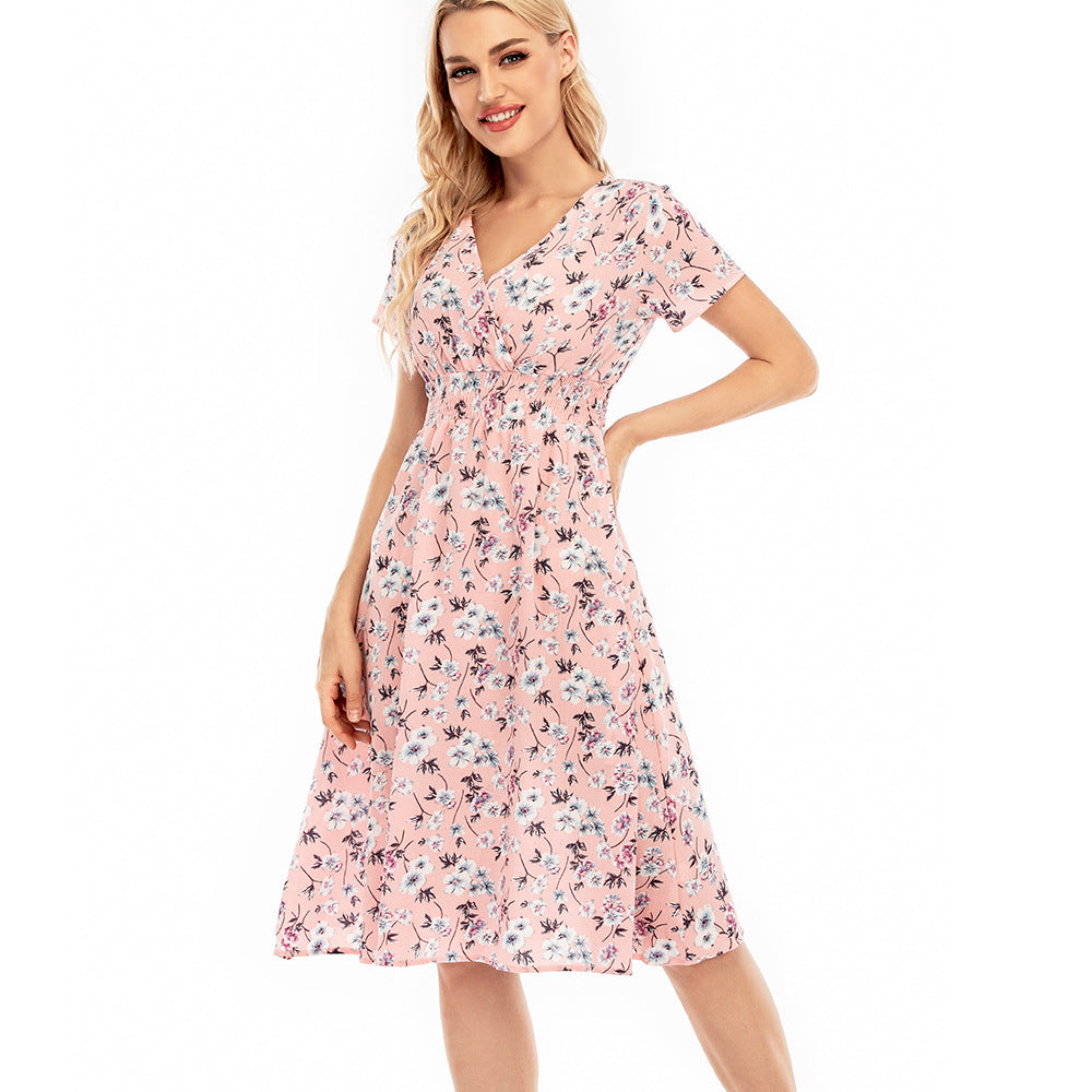Damen langärmliges Kleid mit floralem Design und elastischem Taillenbund R&B