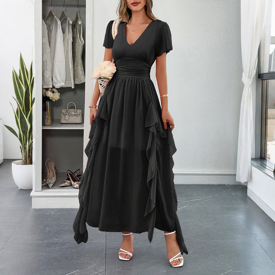 Damen Maxi-Kleid mit fließendem Rüschendesign und V-Ausschnitt R&B
