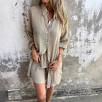Damen legeres Baumwoll-Shorts-Set mit oversized Hemd und elastischem Bund