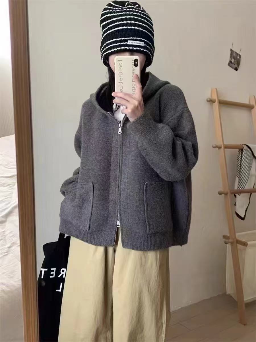 Damen Casual Oversized Strickjacke mit Kapuze und Taschen R&B