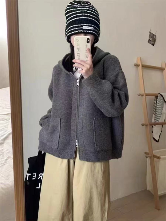 Damen Casual Oversized Strickjacke mit Kapuze und Taschen R&B