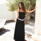 Damen elegantes Maxikleid mit schimmerndem Halterdesign und glitzerndem Taillengürtel R&B