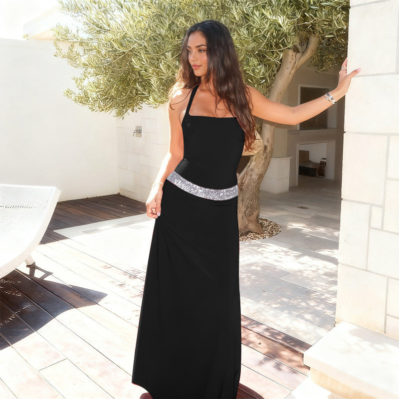 Damen elegantes Maxikleid mit schimmerndem Halterdesign und glitzerndem Taillengürtel R&B