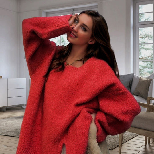 Damen lässiger Oversized-Pullover mit seitlichem Schlitzdesign R&B