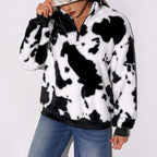 Damen Fleece-Pullover mit halbhohem Kragen und rustikalem Kuhmuster R&B