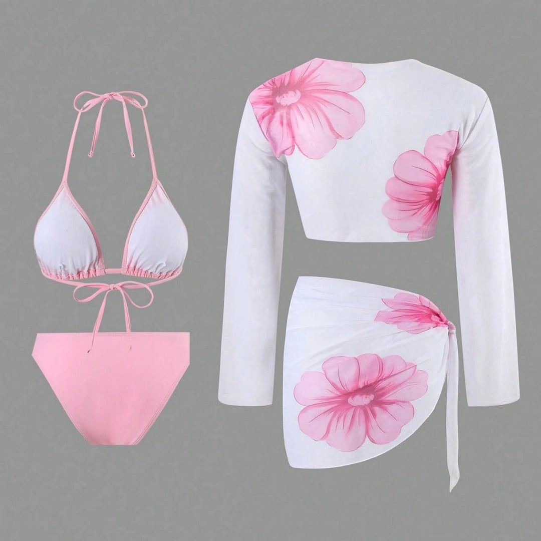 Damen Bikiniset mit floralem Wickeloberteil und hoch geschnittener Hose R&B