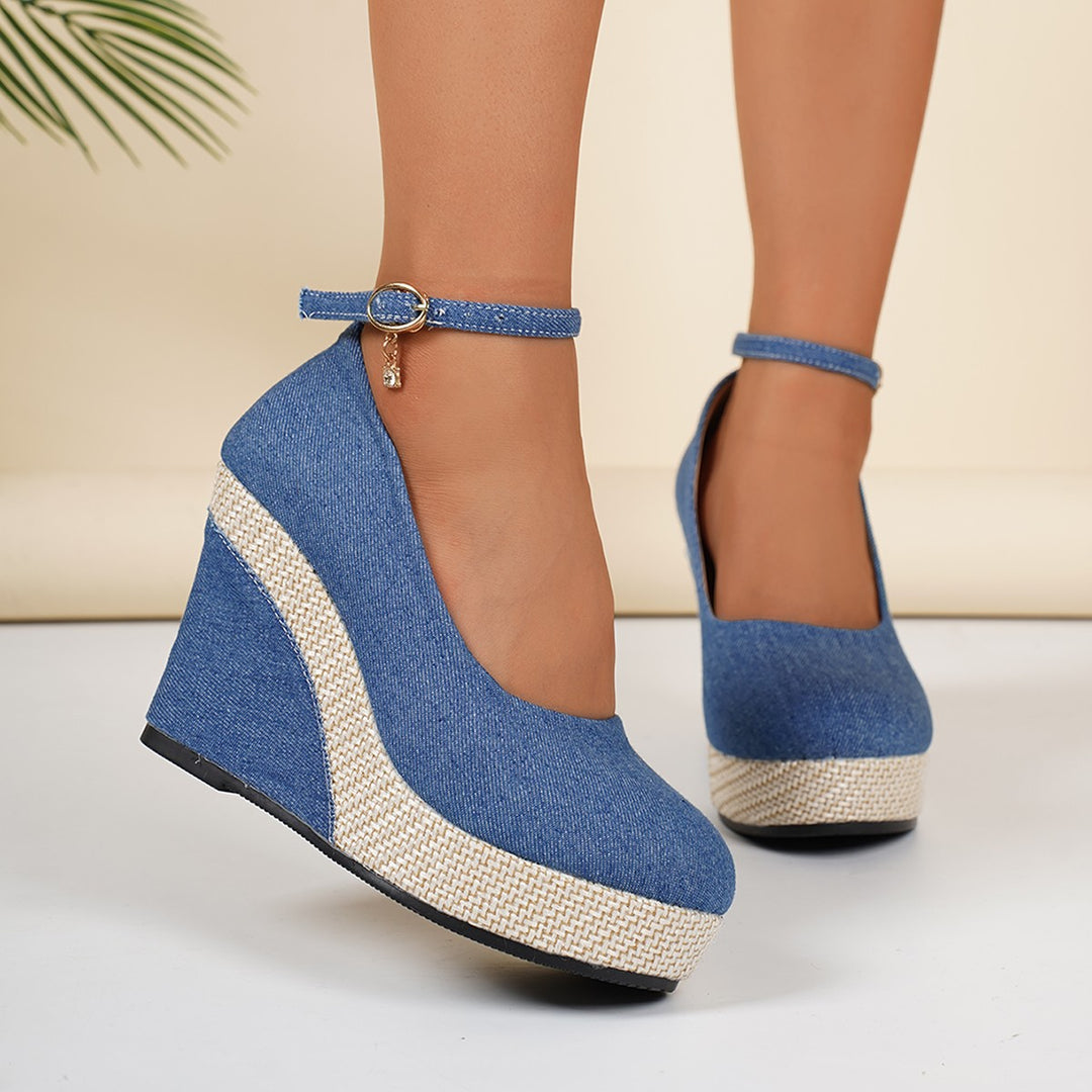 Damen Wedge-Pumps mit schnallenverziertem Fesselriemen und geflochtenem Absatz R&B