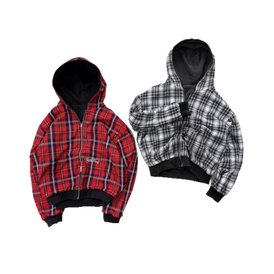 Unisex nan wendbare Kapuzenjacke mit kariertem Innenfutter, durchgehendem Reißverschluss und Kängurutasche R&B