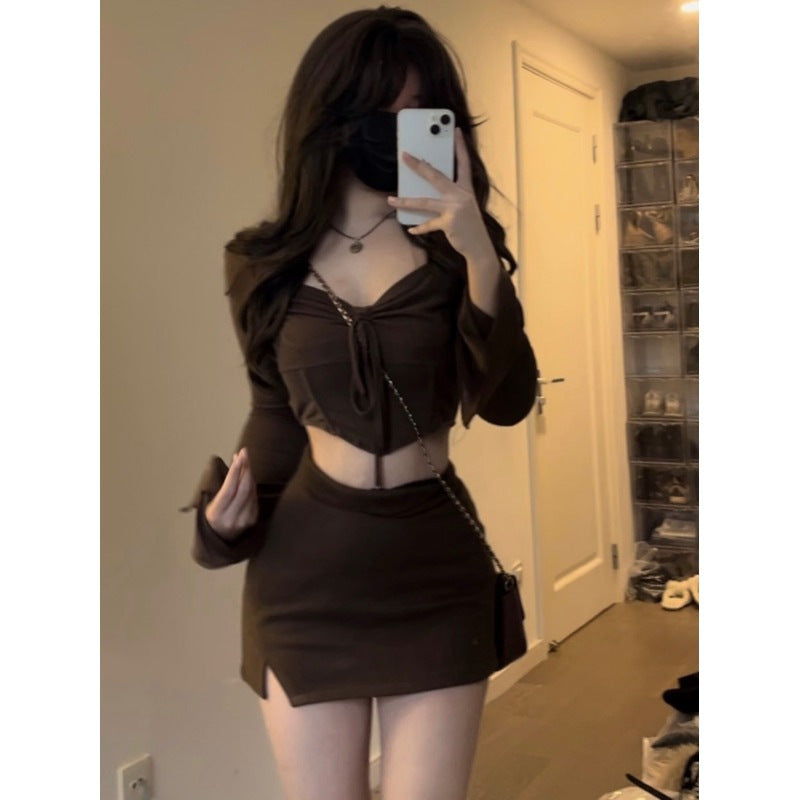 Damen Crop-Top mit dekorativem Bindegürtel und weitem Arm