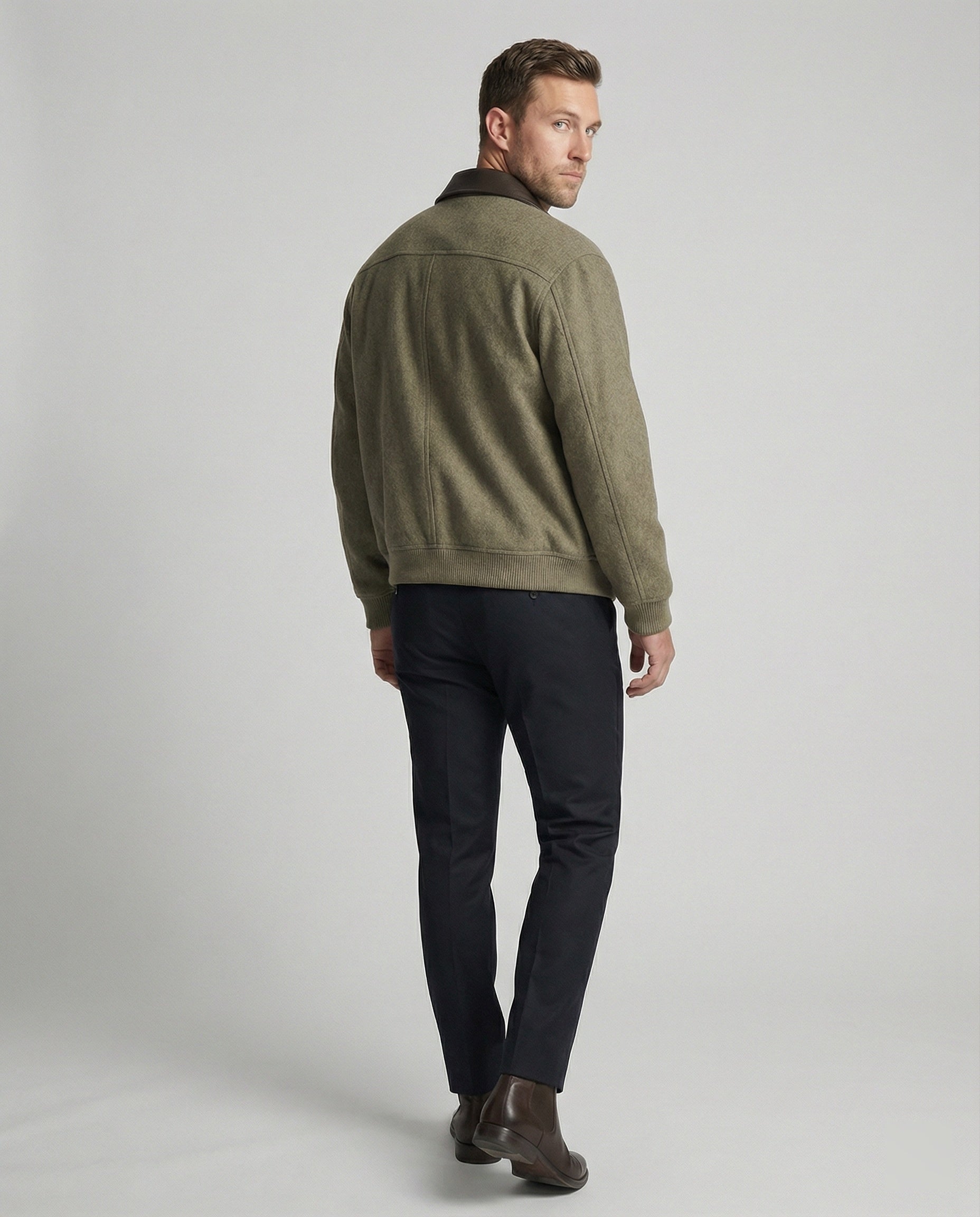 Herren kastig geschnittener Wollmix-Blouson mit Kunstlederkragen, Reißverschluss und Brusttasche mit Reißverschluss R&B