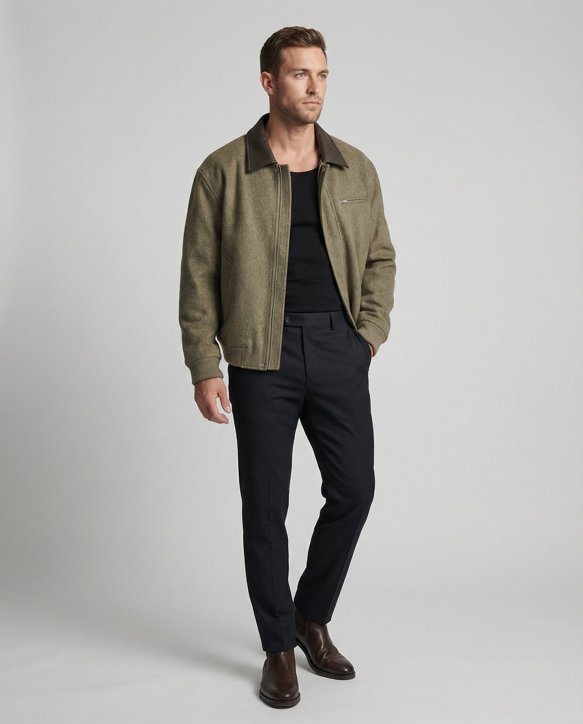 Herren kastig geschnittener Wollmix-Blouson mit Kunstlederkragen, Reißverschluss und Brusttasche mit Reißverschluss R&B