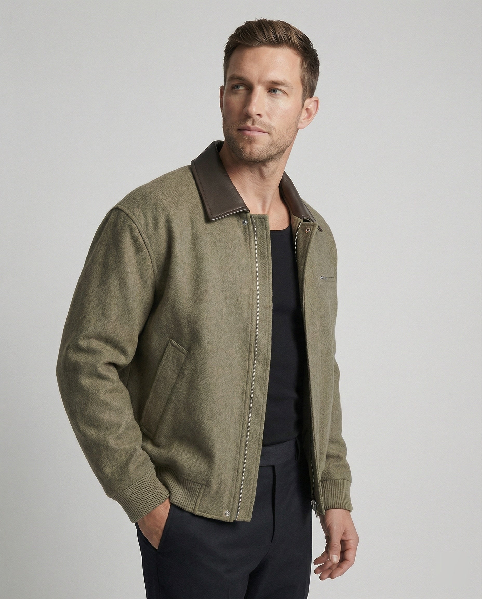 Herren kastig geschnittener Wollmix-Blouson mit Kunstlederkragen, Reißverschluss und Brusttasche mit Reißverschluss R&B