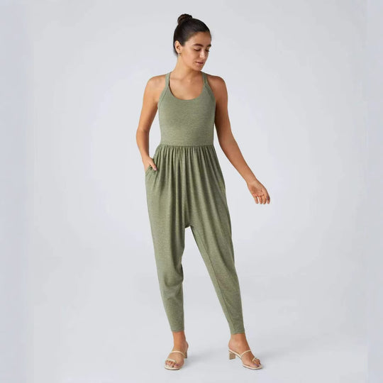 Damen nan lässiger Jersey-Overall mit Racerback, smockierter Taille und seitlichen Eingrifftaschen R&B