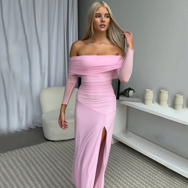 Damen Off-Shoulder Maxikleid mit Raffungen und hohem Schlitz R&B