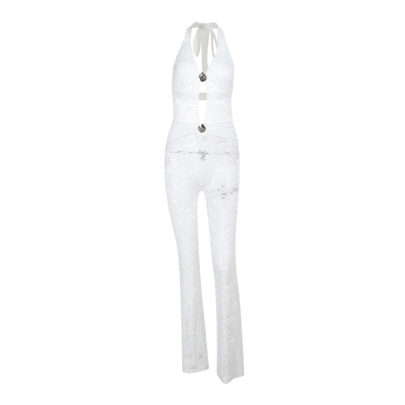 Damen Jumpsuit mit elegantem Spitzendetail und tiefem V-Ausschnitt R&B