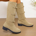 Damen Overkneestiefel mit modischen Schnallen und robustem Profilsohle R&B