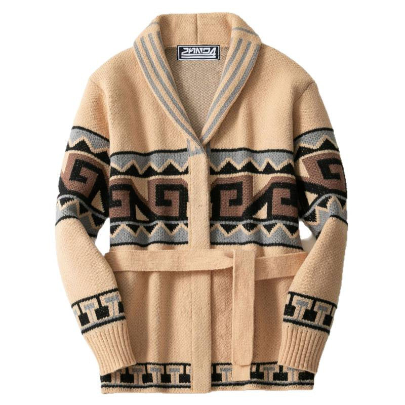 Damen Strickjacke mit grafischem Muster und Gürtel R&B