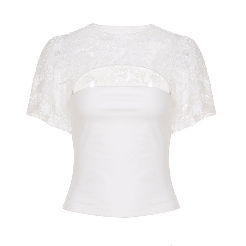 Damen elegantes Spitzenoberteil mit voluminösen Ärmeln R&B
