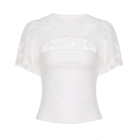 Damen elegantes Spitzenoberteil mit voluminösen Ärmeln R&B