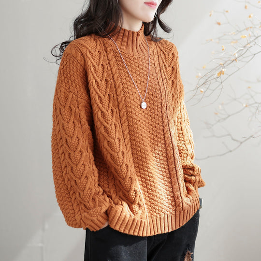 Damen Grobstrickpullover mit hohem Kragen und Zopfmuster R&B