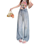 Damen Weite Denim-Jeans im lässigen Vintage-Stil mit modischen Rissen R&B